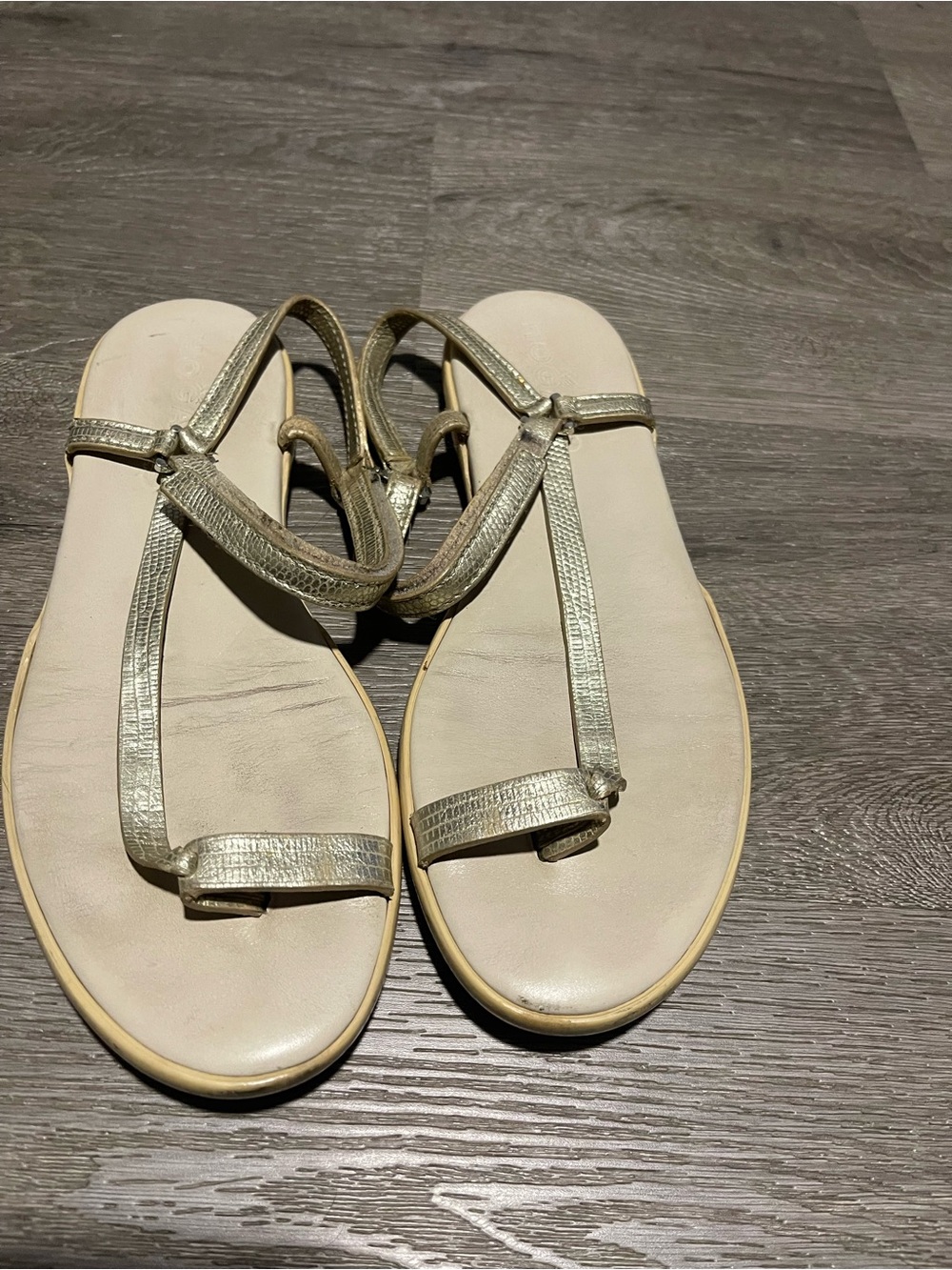 Hogan Metallic Gold T-Strap Flat Sandals Have Some Rubs